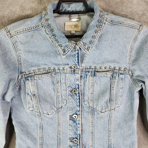 Womens Cache Studded Blue Denim Jean Jacket Button Up Long Sleeve Cotton Size L - Picture 2 of 8